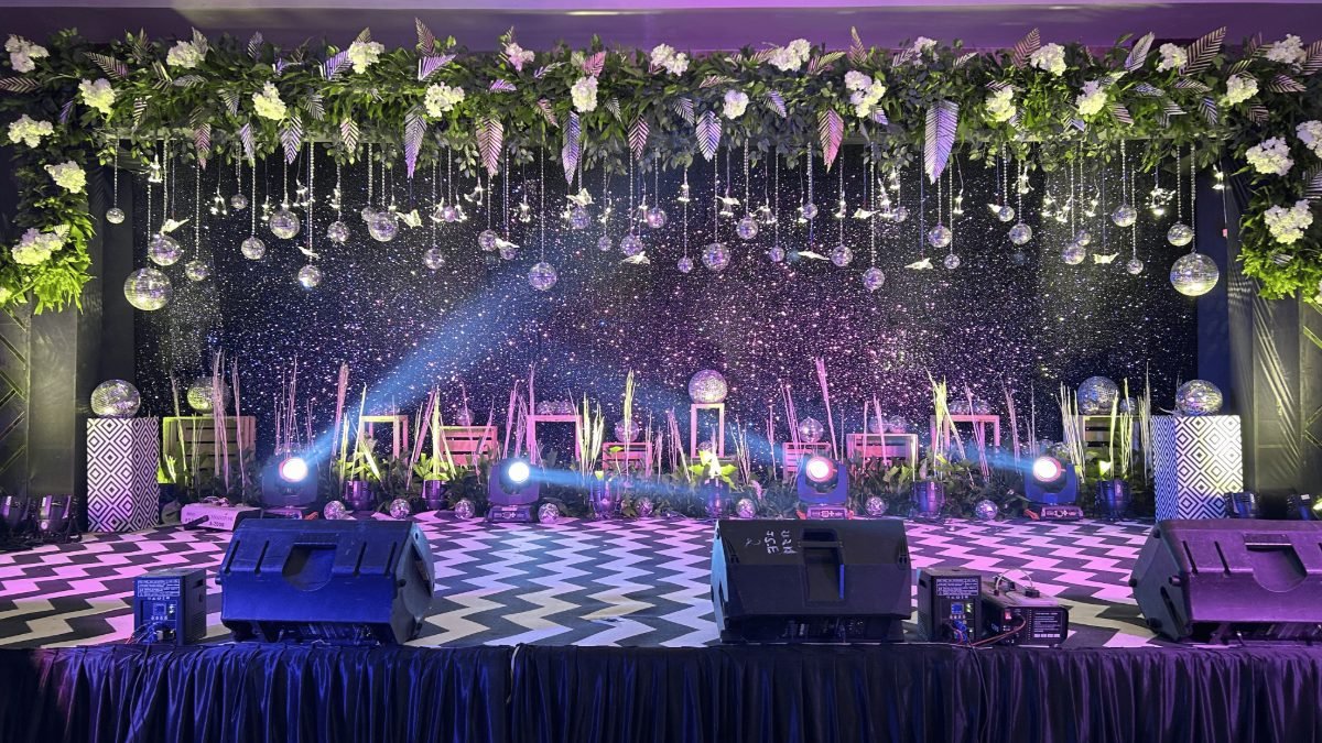 Reception stage and dance floor setup