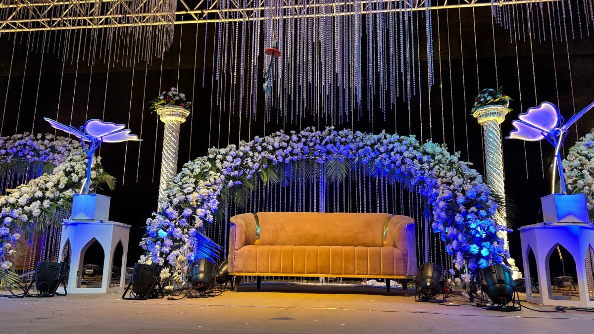 Blue and white reception stage in Indore